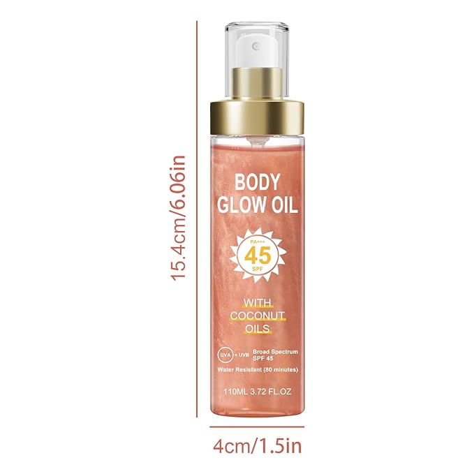 Body Glow Oil, Sunscreen Shimmer Oil, SPF 45 Broad Spectrum, Body Oil with with Coconut Oils, Moisturizing Glow for Face & Body, Liquid Illuminator Highlighter, Water Resistant, 3.72 fl oz (#02 ROSE)