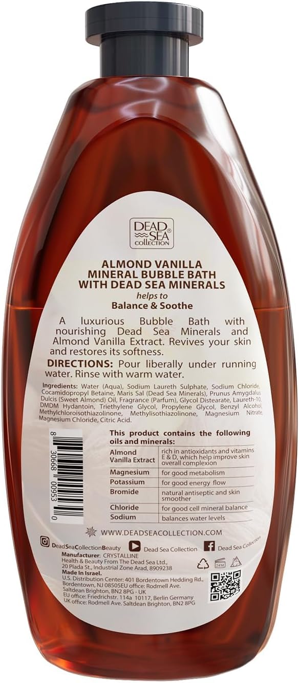 Dead Sea Collection Bubble Bath for Women and Men - with Almond Vanilla and Pure Minerals - Nourishing and Moisturizing Skin - 33.8 Fl. Oz