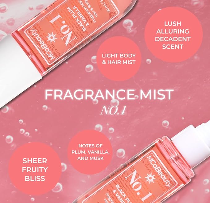 MCoBeauty Fragrance Mist No. 1 Black Plum & Vanilla, Lightly Fruit Scent with Warm Floral Notes for Day or Night, Vegan, Cruelty Free