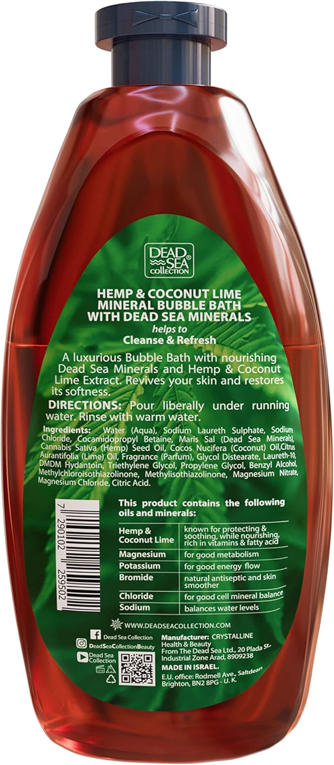 Dead Sea Collection Bubble Bath with Hemp & Coconut Lime for Women and Men – Pure Dead Sea Minerals - Relaxing Foaming Bath - Nourishing and Moisturizes Skin - Pack of 2 (67.6 fl.oz)
