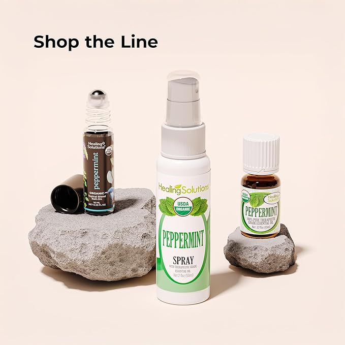 Healing Solutions - Peppermint Essential Oil Spray, (2 oz) USDA Certified Organic Aromatherapy Room & Linen Spray, Pillow & Bedding Mist, Shower Steam, Natural Peppermint Air Freshener