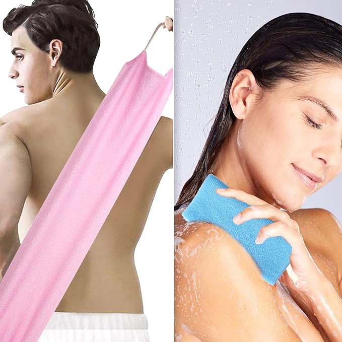 Body Scrubber with Handles Exfoliating Washcloth Towel for Shower Bath 2Pcs Nylon Back Exfoliator Extended Length Back Washers Back Scrubber Towel Stretchable Pull Strap for Sensitive Rough Skin
