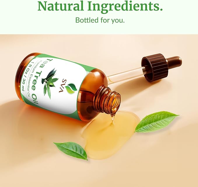 SVA Tea Tree Essential Oil – 1 Fl Oz – 100% Natural Tea Tree Oil - for Diffuser, Hair Care, Face, Skin Care, Aromatherapy, Scalp and Body Massage, Soap and Candle Making – with Dropper