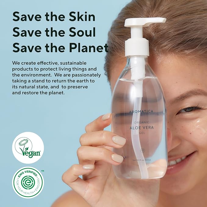 AROMATICA Organic Aloe Vera Gel (2 pack), After Sun Care and Sunburn Relief with Pure Aloe Vera Gel Face&Hair, Sun Burn Moisturizer EWG Verified (10.14oz/300ml)