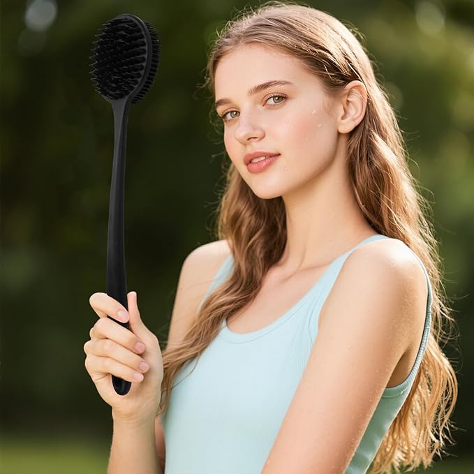 Silicone Body Scrubber for Shower Men Women – Dual-Sided Exfoliating & Massage Shower Brush with Long Handle, Creates Rich Lather, Includes 1 Hook & 2 Lather Balls (Black).