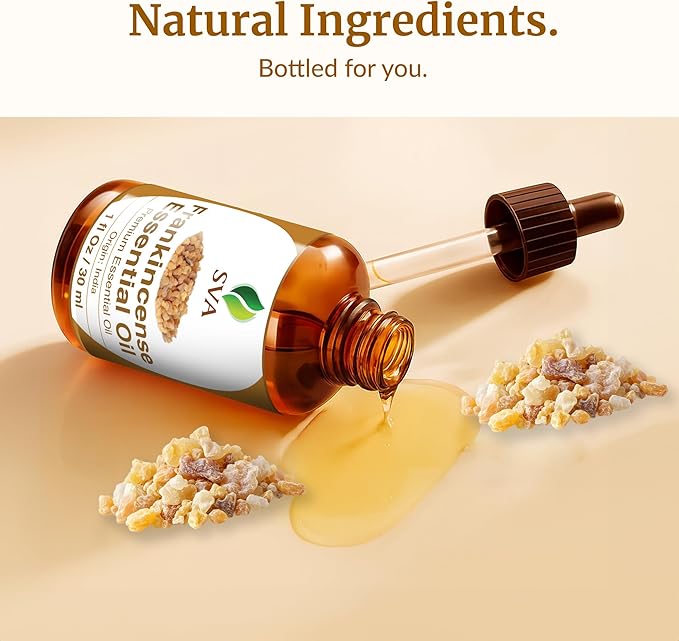 SVA Frankincense Essential Oil – 1 Fl Oz – 100% Natural Boswellia Serrata Oil - for Diffuser, Hair Care, Face, Skin Care, Aromatherapy, Scalp and Body Massage, Soap and Candle Making - with Dropper