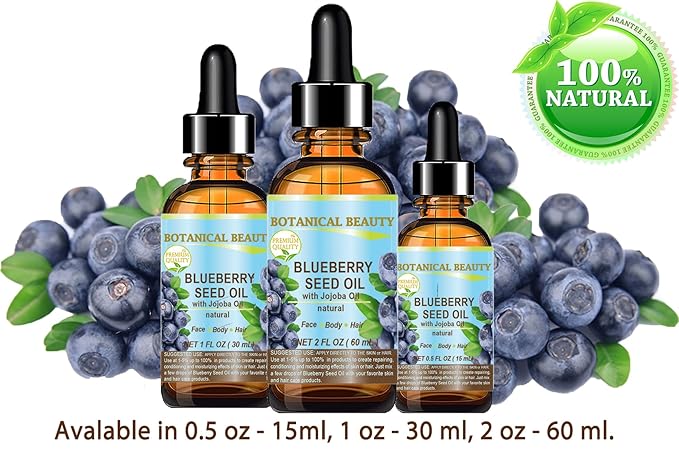 Botanical Beauty BLUEBERRY SEED OIL Virgin Unrefined Cold-Pressed Carrier Oil 0.5 Fl.oz.- 15 ml for Face, Dry Skin, Body, Hair, Nails, Anti-Aging Moisturizer