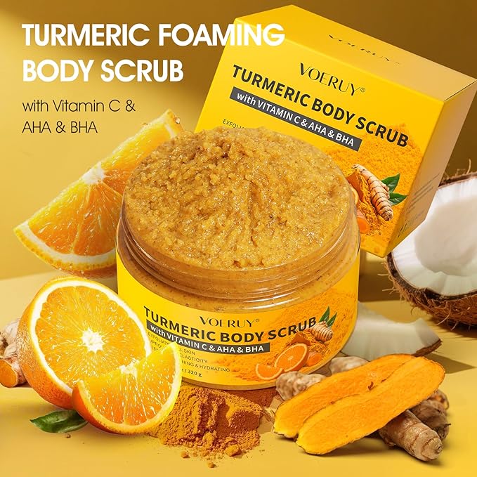 Turmeric Body Scrub, 10% AHA/BHA & Vitamin C Exfoliating Body Scrub, Body Exfoliator for Body Hand Foot Bikini Area, Smooth & Moisturized Skin for Women and Men - 11.3oz