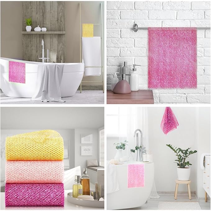 3 Piece Bright Style African exfoliating net Exfoliating Shower Set Long Bath Sponges for Smooth, Refreshed Skin, The Exterior Gleams - Ideal for Daily Use (Bright Yellow, Pink, Purple)