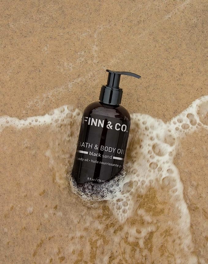 FINN & CO. Black Sand Bath & Body Oil - Lightweight, Fast-Absorbing, Paraben & Cruelty Free - Moisturizing Jojoba & Apricot Oil - Beach-Inspired Hydrating & Nourishing Fragrance | 8 oz