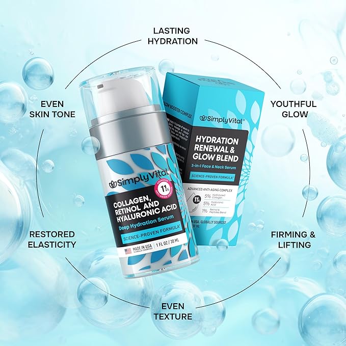 SimplyVital Collagen, Retinol & Hyaluronic Acid Serum - Moisturizer for Face, Neck & Décolleté – Lightweight Hydration for Daily Care – Made in USA – Hyaluronic Acid Cream – 1 fl.oz