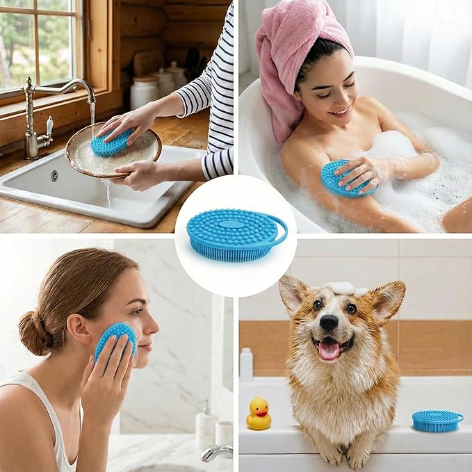 Silicone Body Scrubber Exfoliating 3 Pack, Shower Scrubber for Body,Loofah Alternative for Women Men, 2 in 1 Bath and Shampoo Brush with Handle,Body Exfoliator Tool for Skin, Back-Purple, Blue, Green