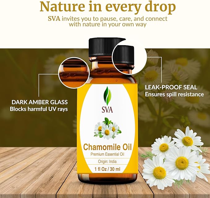 SVA Chamomile Essential Oil – 1 Fl Oz – 100% Natural Chamomile Oil - for Diffuser, Hair Care, Face, Skin Care, Aromatherapy, Scalp and Body Massage, Soap and Candle Making – with Dropper