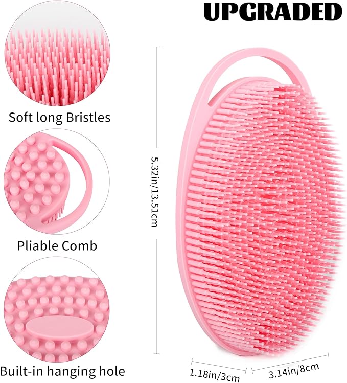 Soft Silicone Body Scrubber Loofah - 2 Pack Rubber Loofah 2 in 1 Bath and Shampoo Brush, Silicone Body Shower Brush Scrubber Cleaning Exfoliating Use for Sensitive Skin, Lather Well, Pink and Blue