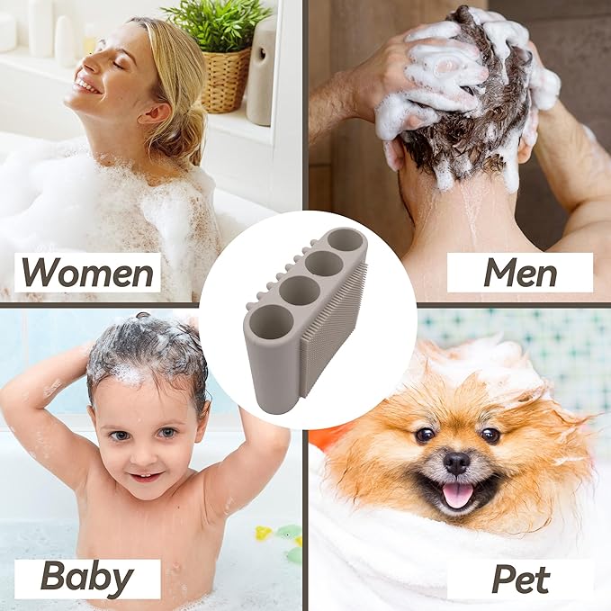 1PCS Silicone Body Scrubber Exfoliator- Bath Loofah & Sponges Alternative 4-Finger Non-Slip Grip Face & Scalp Scrubber for Sensitive Skin Body Brush for Men & Women (Light Grey)