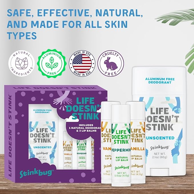 Stinkbug Naturals Organic Aluminum Free Deodorant Stick with Lip Balm, Jojoba Oil, Coconut Oil and Cocoa Butter (Includes 1 Natural Unscented Deodorant 2.1oz & 3 Lip balms 0.15oz)