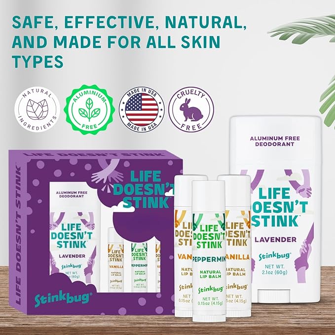 Stinkbug Naturals Organic Aluminum Free Deodorant Stick with Lip Balm, Jojoba Oil, Coconut Oil and Cocoa Butter (Includes 1 Natural Lavender Deodorant 2.1oz & 3 Lip balms 0.15oz)