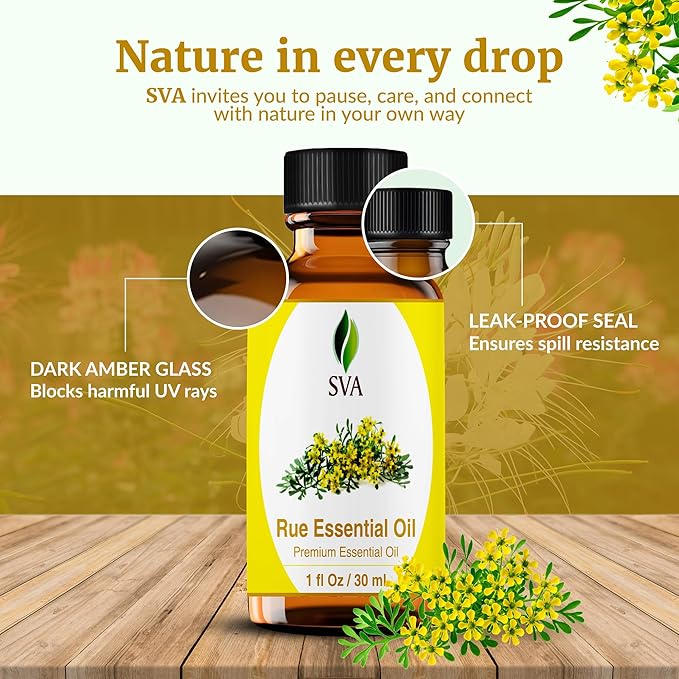 SVA Rue Essential Oil – 1 Fl Oz – 100% Natural Rue Oil - for Diffuser, Hair Care, Face, Skin Care, Aromatherapy, Scalp and Body Massage, Soap and Candle Making - with Dropper