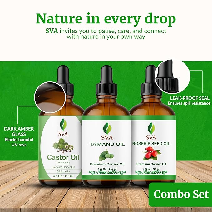 SVA Tamanu Oil, Castor Oil & Rosehip Oil 4oz Bundle Super Saver Combo – Premium Grade Bundle Set for Hair Oiling, Scalp Massage, Hair Care, Face, Skin Care and Body Massage