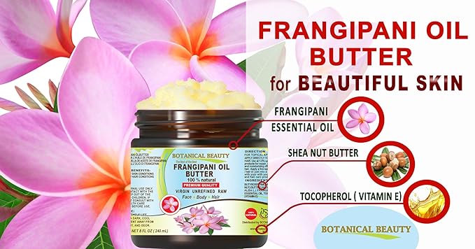 Botanical Beauty FRANGIPANI OIL BUTTER 100% Natural. Frangipani Essential Oil in Shea Nut Butter for FACE, SKIN, BODY, HAIR, NAILS. Beauty Skin Moisturizer Oil Butter. (4 Fl Oz)