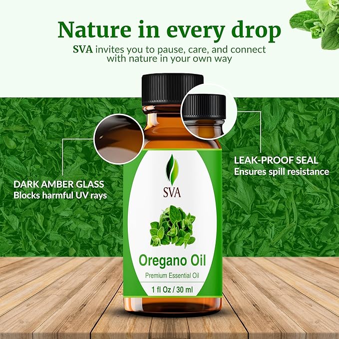SVA Oregano Essential Oil – 1 Fl Oz – 100% Natural Oregano Oil - for Diffuser, Hair Care, Face, Skin Care, Aromatherapy, Scalp and Body Massage, Soap and Candle Making – with Dropper