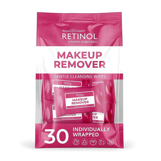 LIVAURA Retinol Individually Wrapped Makeup Remover Wipes, travel essentials for Travel & On the Go, women facial cleansing wipes, remove makeup mascara, with micellar water, 30 single face wipes