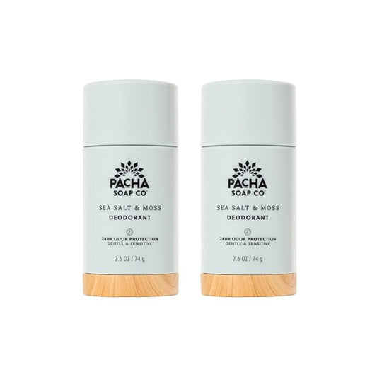 Pacha Soap Co. Aluminum-Free Deodorant - Sea Salt & Moss Scented, 24-Hour Odor Protection for Gentle & Sensitive Skin, Clean Ingredients, Baking Soda-Free, Made in the USA, 2-Pack (2.6 oz Each)