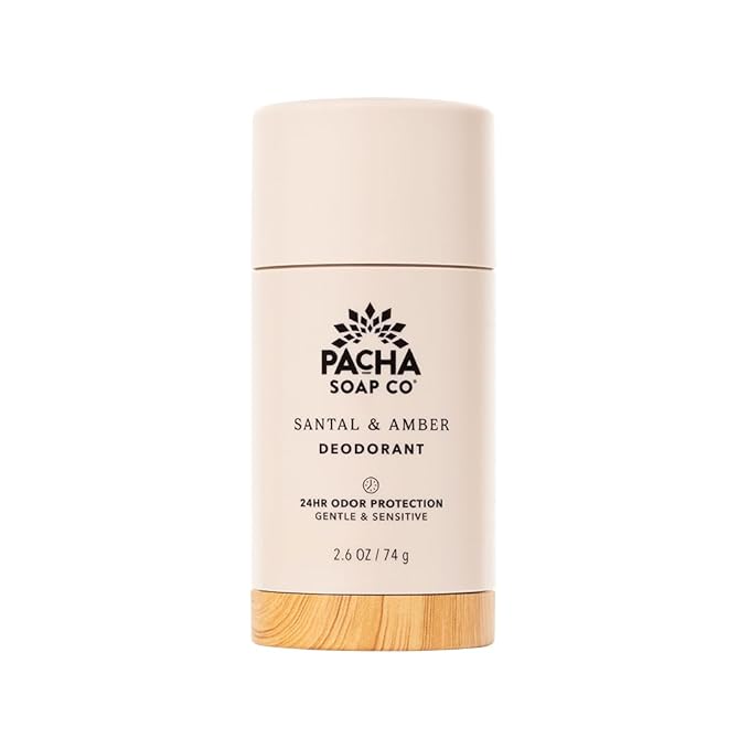 Pacha Soap Co. Aluminum-Free Deodorant - Santal & Amber Scented, 24-Hour Odor Protection for Gentle & Sensitive Skin, Clean Ingredients, Baking Soda-Free, Made in the USA, 2-Pack (2.6 oz Each)