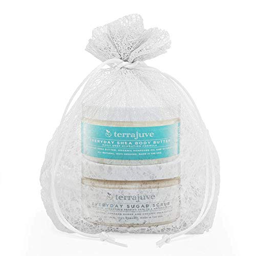 Terrajuve Shea Butter Moisture Body Cream and Sugar Scrub Face and Body Exfoliator Set: Exfoliates, Hydrates, Fades Imperfections, All Natural Made in USA