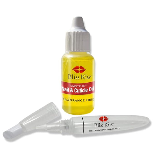 Bliss Kiss Refillable Cuticle Nail Oil Pen with Brush and Simply Pure Cuticle Oil for Nails 15 ml Bottle Bundle - Fragrance Free