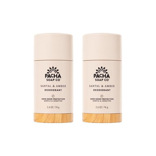 Pacha Soap Co. Aluminum-Free Deodorant - Santal & Amber Scented, 24-Hour Odor Protection for Gentle & Sensitive Skin, Clean Ingredients, Baking Soda-Free, Made in the USA, 2-Pack (2.6 oz Each)