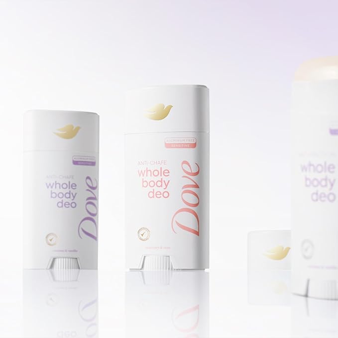 Dove Whole Body Deodorant, Aluminum-Free, Coconut & Vanilla, Travel-Size 6-Pack – Dermatologist-Approved Anti-Chafing Stick for Sensitive Skin, 72H Odor Protection, 0.5 Oz Ea