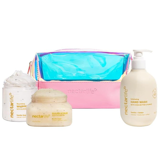 Nectar Life Daily Glow Kit Body Skin Care Set, Whipped Soap, Sugar Body Scrub, Hand Wash (Full Size, Vanilla)