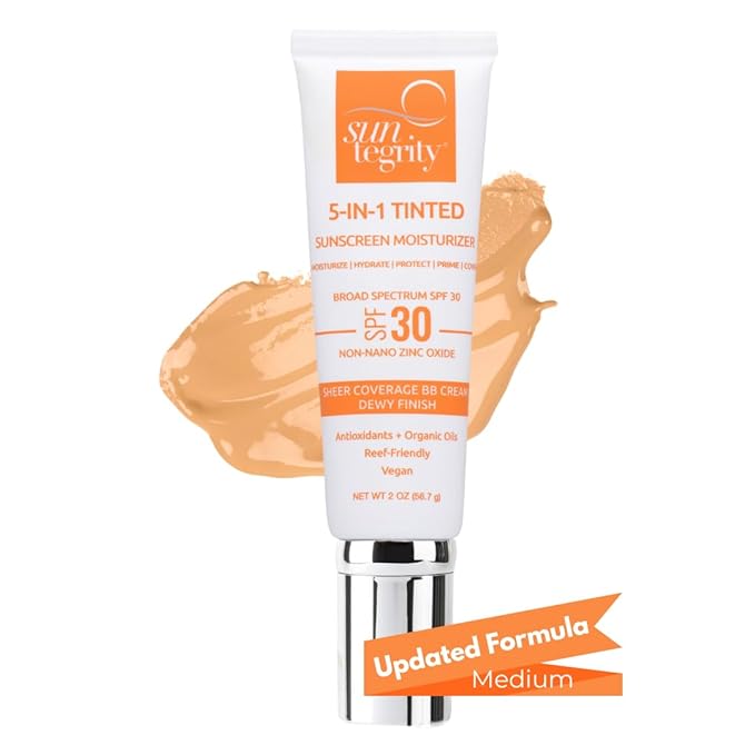 Suntegrity Tinted 5 in 1 Mineral Sunscreen for Face (SPF 30-2 oz) - Medium | BB Cream Moisturizer with Physical UVA/UVB Broad Spectrum Protection | Safe for Sensitive Skin