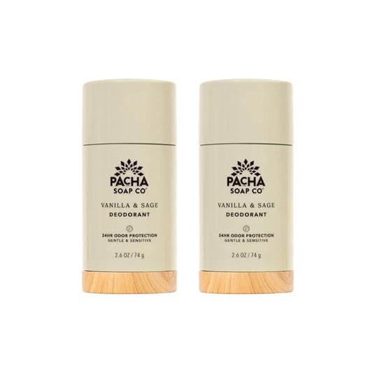 Pacha Soap Co. Aluminum-Free Deodorant - Vanilla & Sage Scented, 24-Hour Odor Protection for Gentle & Sensitive Skin, Clean Ingredients, Baking Soda-Free, Made in the USA, 2-Pack (2.6 oz Each)