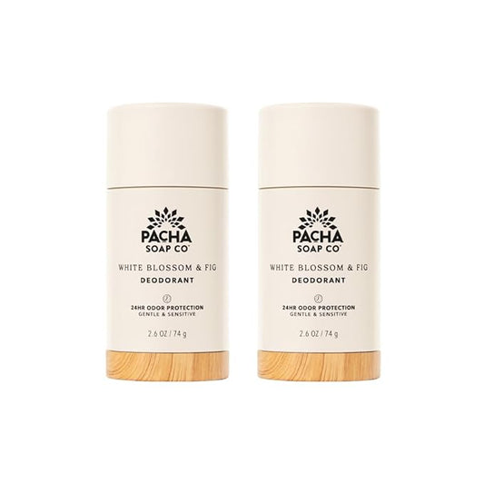 Pacha Soap Co. Aluminum-Free Deodorant - White Blossom & Fig Scented, 24-Hour Odor Protection for Gentle & Sensitive Skin, Clean Ingredients, Baking Soda-Free, Made in the USA, 2-Pack (2.6 oz Each)