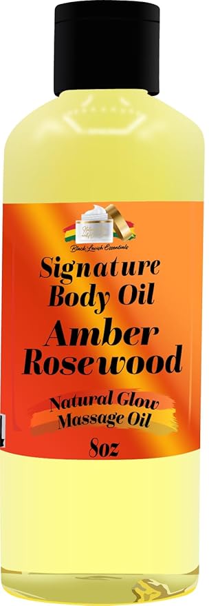 Amber Rosewood Signature Body Oil, 8oz Natural Glow Massage Oil for Soft Rejuvenated Skin, Aloe Vera, Argan Oil, Vitamin E, Golden Jojoba & Rosehip Oil for Dry Skin Moisturization