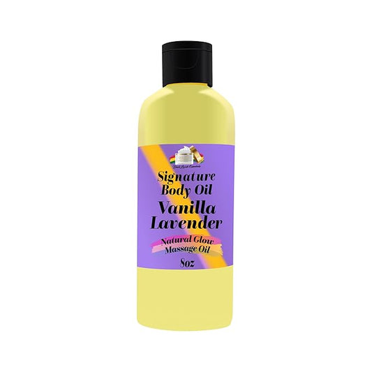 Vanilla Lavender Signature Body Oil, Natural Glow Massage Oil for Soft Rejuvenated Skin, Vitamin E, Natural Oil for Dry Skin Moisturization (Vanilla Lavender, 8oz)
