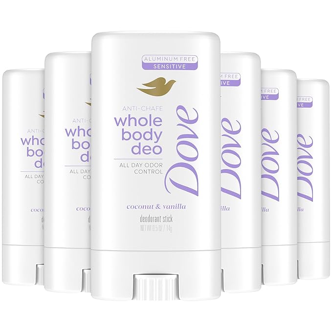 Dove Whole Body Deodorant, Aluminum-Free, Coconut & Vanilla, Travel-Size 6-Pack – Dermatologist-Approved Anti-Chafing Stick for Sensitive Skin, 72H Odor Protection, 0.5 Oz Ea