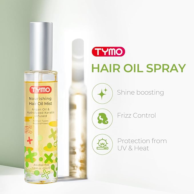 TYMO Argan Hair Oil Spray - Hydrating Veganic Natural 6 Blend Oil for Frizzy & Dry Hair, Organic Pure Formula, Daily Use for Hair, Smooth Damaged Ends, Olive Oil Infused, Add Shine