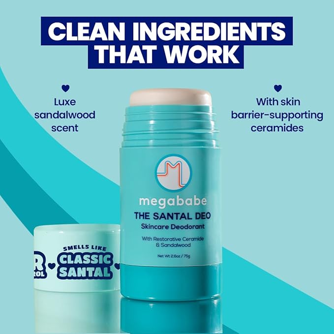Megababe Skincare Deodorant - The Santal Deo with 72 hour Odor Protection | Holiday Gifts for Women | Restorative Ceramide & Sandalwood | Aluminum-Free, All Natural | 2.6 oz