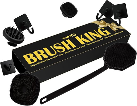 Silicone Body Scrubber Set ，Includes Back & Body Scrubbers, Face Brush, Scalp Massager, 4 Storage Hooks, Shower & Bathroom Hygiene Accessories for Gift(Black) (D)