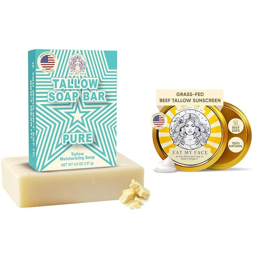 Beef Tallow Sunscreen SPF 30 & Grass Fed Tallow Soap Bar Set – Organic Zinc Oxide Sunblock + Unscented Natural Soap for Sensitive Skin – Chemical Free, Moisturizing Skincare Duo, Made in USA