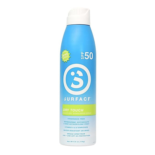 Surface Sunscreen Spray SPF 50 for Body, Natural Formula, Lightweight and Reef Friendly, Broad Spectrum UVA UVB Protection, Water Resistant Sun Care for Outdoor Use, Fragrance Free, 6oz