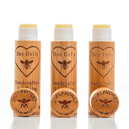 Bee Bella Lip Balm, Unscented (Unflavored), 3 Pack - Moisturizing Lip Care, 100% Natural, Original Organic Beeswax with Vitamin E, Handmade in USA