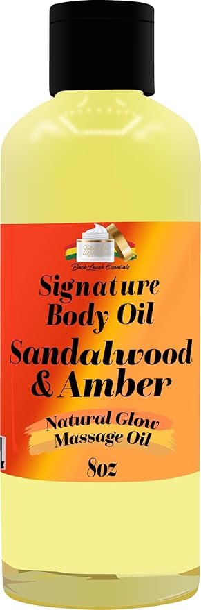 Sandalwood & Amber 8oz Signature Body Oil, Natural Glow Massage Oil for Soft Rejuvenated Skin, Vitamin E, Natural SKincare Oil for Dry Skin Moisturization
