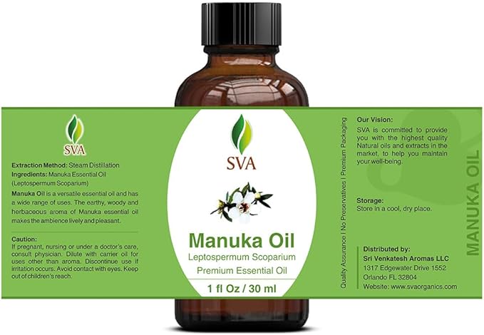 SVA Manuka Essential Oil – 1 Fl Oz – 100% Natural Manuka Oil - for Diffuser, Hair Care, Face, Skin Care, Aromatherapy, Scalp and Body Massage, Soap and Candle Making – with Dropper