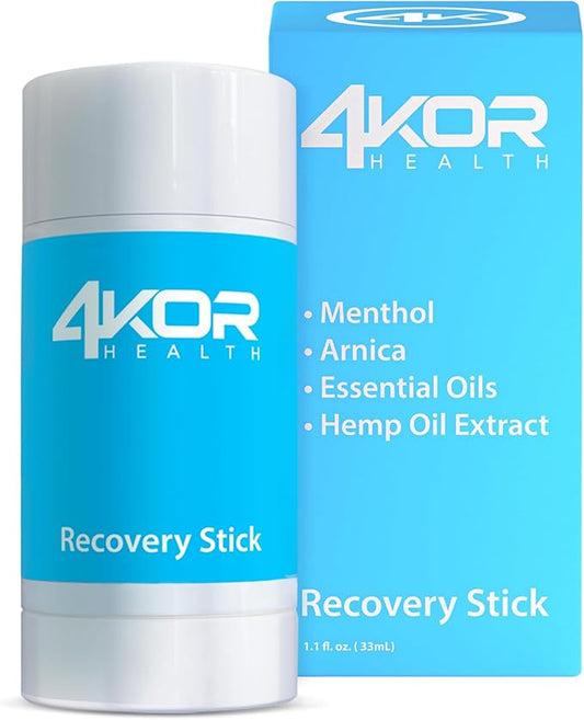 4KOR Recovery Stick - Natural Muscle Balm | Hemp Infused | for Muscles, Joints, Post-Workout | Features a Cooling & Warming Sensation | Portable & Non-Greasy Twist-Up Balms - 1 oz.