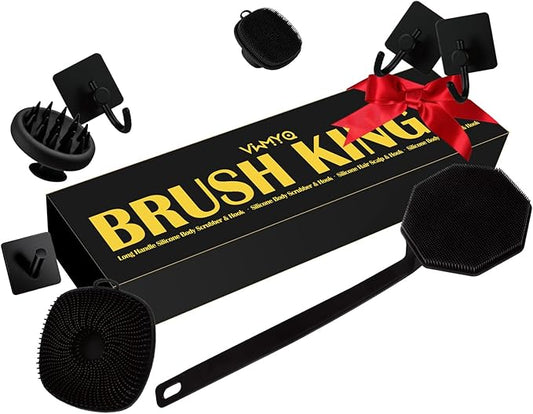 Silicone Body Scrubber Set, Includes Back & Body Scrubbers, Face Brush, Scalp Massager, 4 Storage Hooks, Shower & Bathroom Hygiene Accessories for Present(Black)