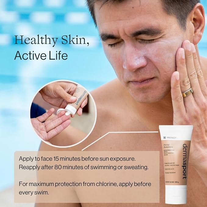 Dermasport Facial Sunscreen SPF 50 Lotion - Face Sunscreen for Swimmers - Pre Swim Lotion for Chlorine - Sport Sunscreen, Sun Protection & Skin Care Routine for Men and Women (Net Wt 2.1 oz)